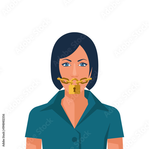 A striking image of a woman with a padlock over her mouth, embodying the concept of silence and restraint, highlighting themes of communication and suppression in society.