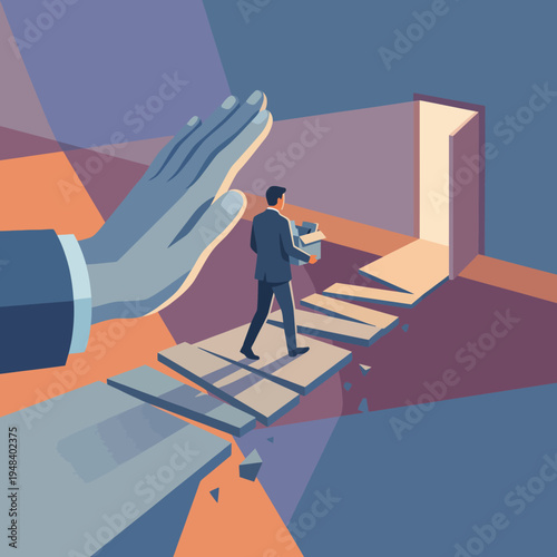 In this conceptual illustration, a businessman walks confidently toward an illuminated door, overcoming obstacles, which symbolizes career advancement and determination.