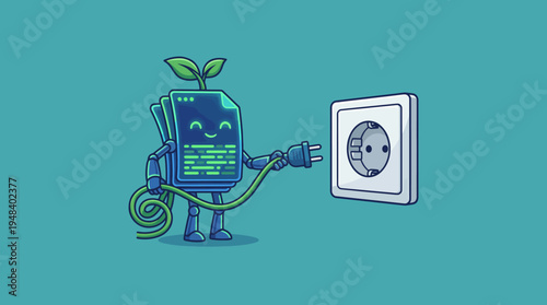 A charming illustration of a robot figure with plant features happily connecting to an electric outlet, representing the fusion of technology and nature in a modern context.