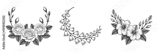 Black and white floral arrangements with roses hibiscus and bell flowers