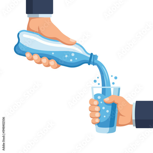 A hand pours refreshing water from a bottle into a clear glass, representing hydration and well-being, emphasizing the importance of staying hydrated.