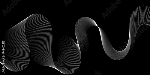 Dynamic abstract white wave pattern flowing smoothly across a deep black background, creating a sleek and modern visual representation of sound waves or digital data streams