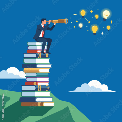 A businessman sits atop a stack of books while using a telescope, representing knowledge exploration, ambition, and the pursuit of ideas and innovation.