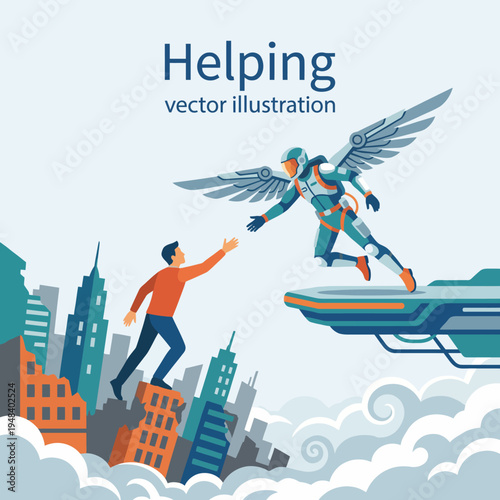 An illustration showing a human reaching out to a robotic character symbolizes assistance, technology, and the merging of humanity with advanced robotics for greater good.