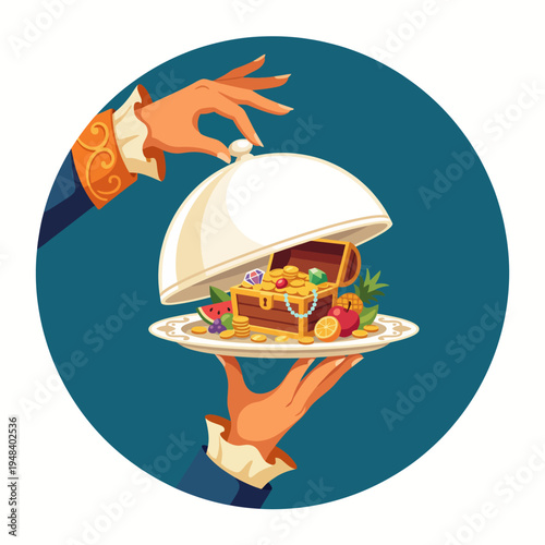An enchanting illustration featuring a hand lifting a cloche to reveal a treasure chest filled with fruits and gold coins, symbolizing abundance and luxury in culinary delights.