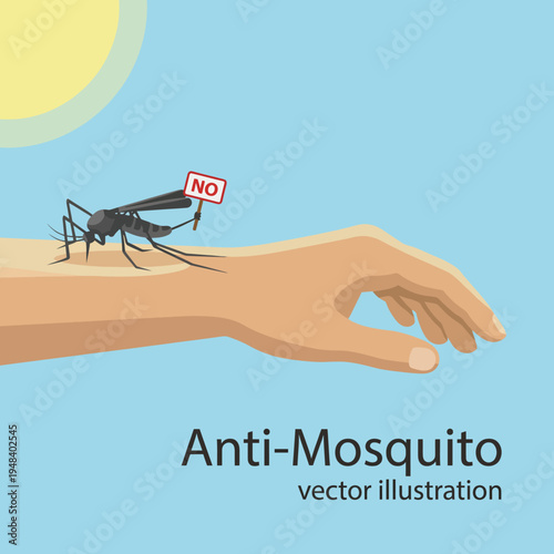 A humorous vector illustration depicting a mosquito on an arm holding a sign that says 'NO', representing the importance of anti-mosquito measures and pest control in daily life.