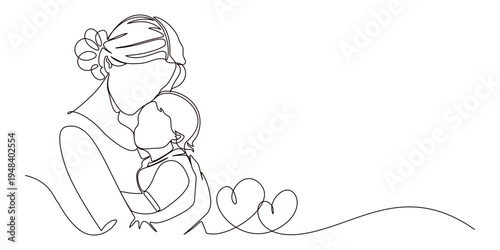 Mother and baby line art vector illustration, mothers day celebration background