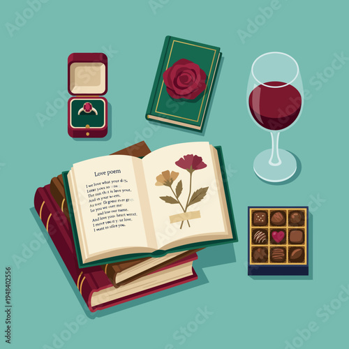 A beautiful still life illustration featuring a love poem book, rose, wine glass, and chocolates, conveying romance, affection, and the essence of meaningful relationships.