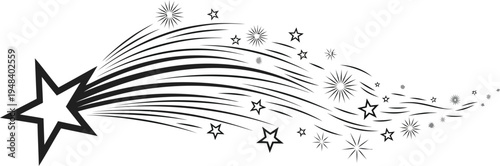 Stylized shooting star with trail of smaller stars and sparkles in black