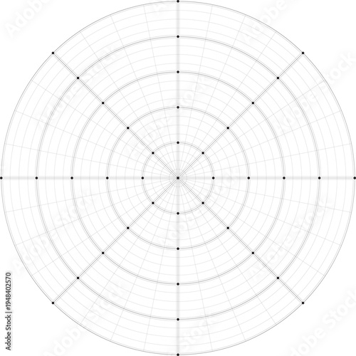 Black line radial dense grid texture with cells and dots on white background. FUI science round grid backdrop. Math or technological notebook blank circular sheet.