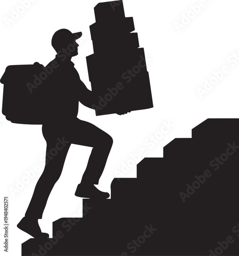Delivery Person Climbing Stairs with Stack of Boxes and Bag Silhouette