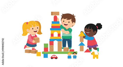 Three happy children of diverse backgrounds are engaged in creative play, building colorful towers and structures with wooden blocks and toys.