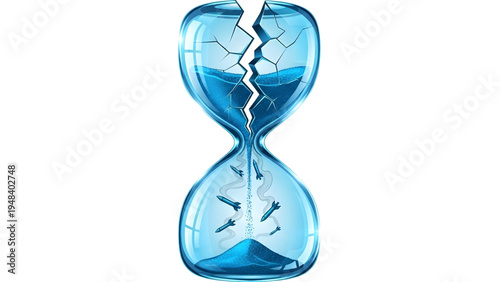 Cracked Glass Hourglass with Blue Water and Falling Arrows Concept