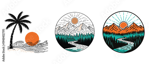 Three circular illustrations depict tropical and mountainous landscapes with vibrant sunset colors and line art