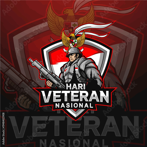 Hari Veteran Nasional emblem with armored soldier and shield crest