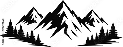 Majestic mountain range vector silhouette with pine forest trees and sharp snowy peaks for outdoor adventure branding, nature travel logos, and wild wilderness landscape designs.