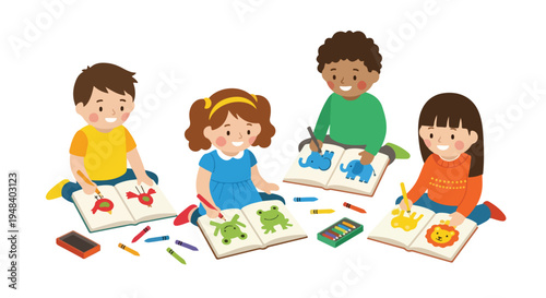 Four diverse children happily sit on the floor, coloring various animal pictures in their books with crayons.