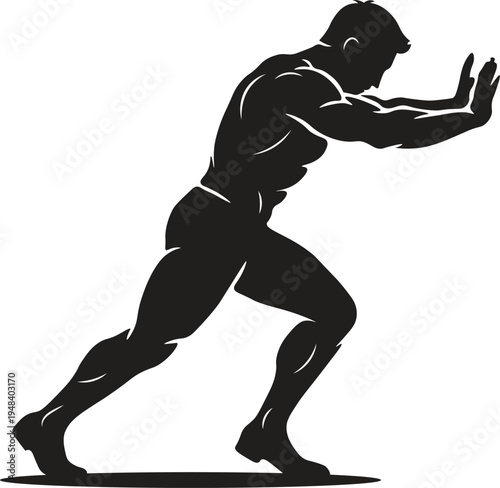 Fitness Silhouette Vector, Muscular Person Pushing Pose Symbolizing Strength and Effort