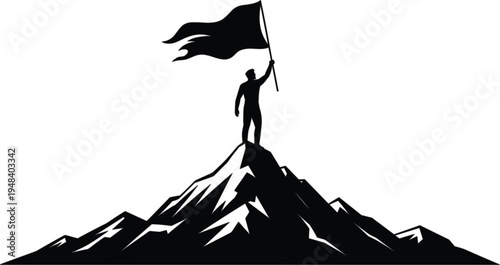 Man holding flag on mountain peak silhouette vector illustration representing success, leadership, achievement, and business goals for motivational posters, websites, and career branding.