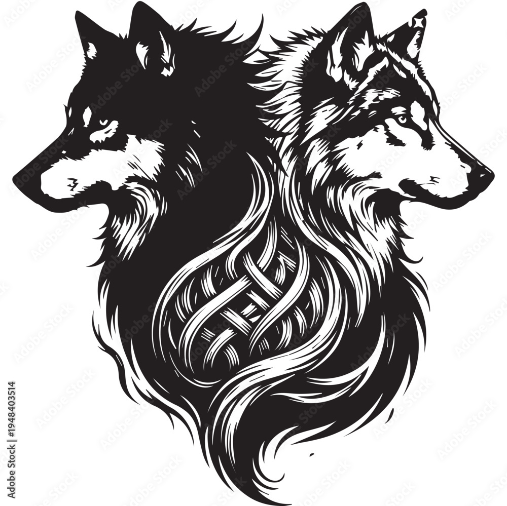 Fototapeta premium Double wolf head vector illustration with ornamental tribal pattern and artistic fur detail.