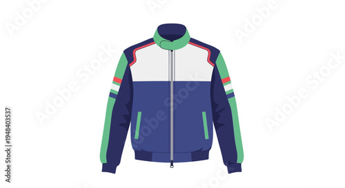 Colorful jacket with zipper closure.