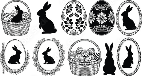 Black and white easter themed of bunnies and eggs in baskets and frames bunny