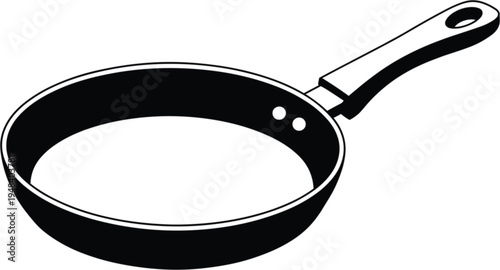 Modern black frying pan vector illustration with ergonomic handle for kitchen cookware branding culinary restaurant menu and home cooking design projects.