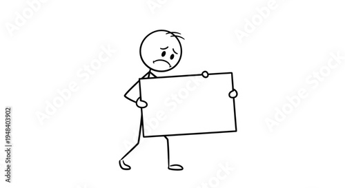 Sad stick figure man walking and holding a blank white sign, expressing distress on an isolated white background.