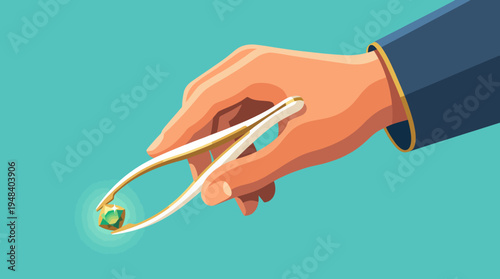 An artistic depiction of a hand using tweezers to delicately hold a sparkling gemstone, symbolizing the elegance and precision of craftsmanship in jewelry making.