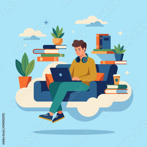 Tableau sur toile A cheerful representation of a young man working on his laptop in a cozy, cloud-like setting filled with books and plants, embodying the concept of remote work and comfort