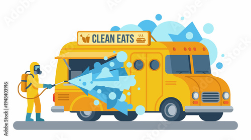 An illustration showcasing a food truck being thoroughly cleaned, highlighting the focus on health standards and safety in the food service industry as a priority for public health.