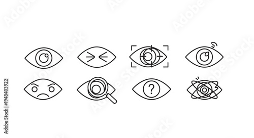 Set of various black line art eye icons representing vision, observation, focus, and different eye states on an isolated white background.