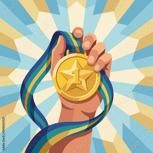 A hand proudly displays a shiny gold medal, symbolizing achievement and success, ideal for celebrations, competitions, and motivational themes in sports or personal endeavors.