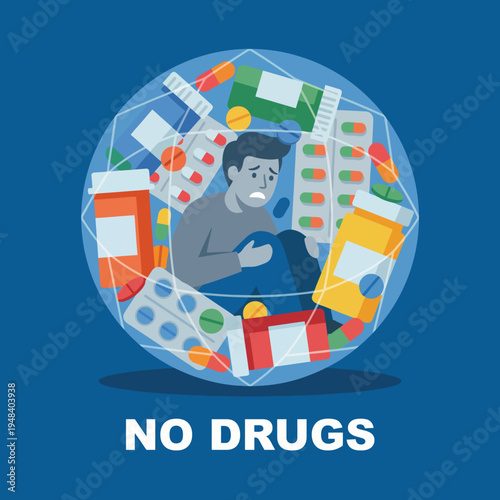 This powerful awareness image illustrates the struggles of individuals trapped by drug dependency, promoting a strong message against substance abuse and the importance of help.