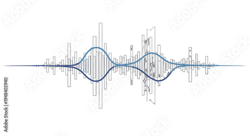 Abstract blue and gray sound wave with equalizer bars on an isolated white background.