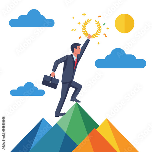 A professional person climbs a mountain with a briefcase, symbolizing ambition and success, capturing the essence of perseverance and the pursuit of career goals and victories.