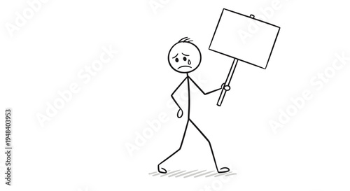Sad Stickman Walking and Holding Blank Sign with Empty Space for Text, isolated white background.