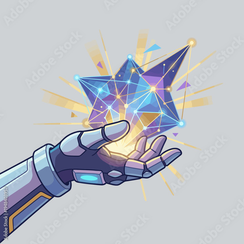This futuristic concept shows a robotic hand gently holding a glowing star shape, symbolizing innovation, technology, and the limitless potential of the digital era in a vibrant design.