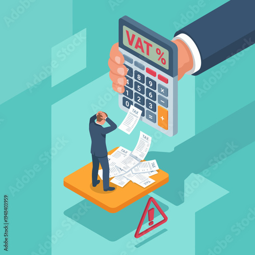 A stressed businessman grapples with overwhelming VAT calculations amidst documents, showcasing the emotional toll of financial responsibilities and tax challenges in modern life.