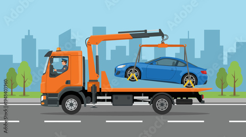 A tow truck is depicted lifting a blue car in an urban setting, illustrating urban transport services, and the importance of vehicle recovery in modern city life with a bright backdrop.