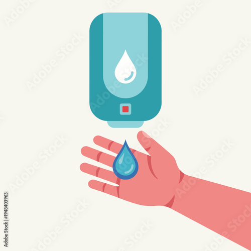 An illustration of a hand positioned under a liquid soap dispenser, emphasizing hygiene and cleanliness, showcasing the importance of proper handwashing in health and safety practices.