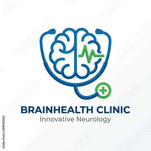 The logo for a brain health clinic features a stylized brain intertwined with a stethoscope, symbolizing innovative neurology and the importance of mental health in modern healthcare.