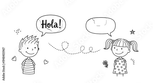 Cute Cartoon Boy and Girl Communicating, with "Hola!" in Speech Bubble, in simple doodle style.