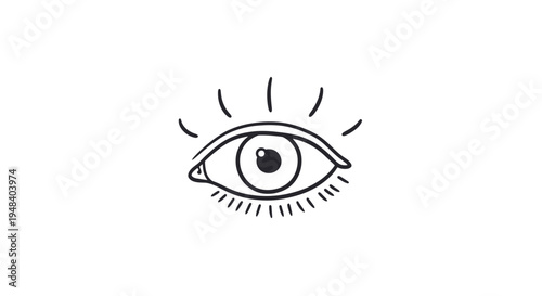 Simple Line Art Eye Icon with Radiating Lines, representing Vision and Clarity, isolated white background.