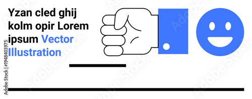 Communication, emotions, teamwork, positivity, collaboration, marketing design. A fist gesture next to a blue happy face. Communication and emotions concept