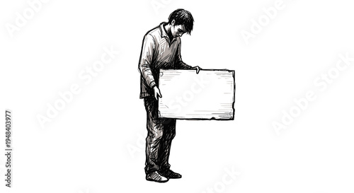 Thoughtful Man Bending and Holding a Blank Signboard with Copy Space, looking down, isolated white background.