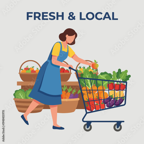A woman in an apron is happily shopping for fresh, local produce, including fruits and vegetables, symbolizing healthy eating and community support in a vibrant market setting.