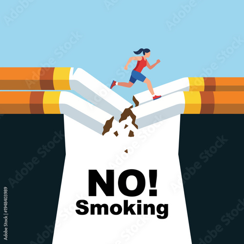 A woman is depicted running on a broken cigarette symbolizing the journey towards quitting smoking, emphasizing health, freedom, and the determination to overcome addiction.