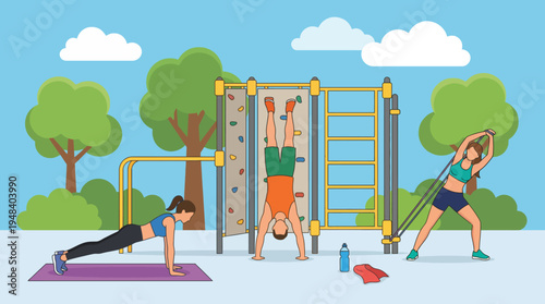 Three fitness enthusiasts are engaging in various workouts outdoors in a park, showcasing a balanced lifestyle that emphasizes health, strength, and community in an active environment.