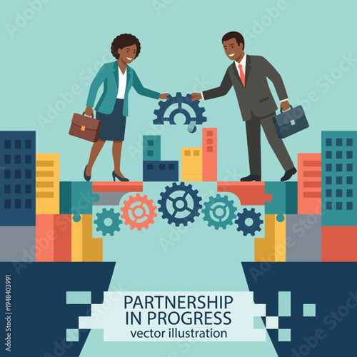 Two diverse professionals shake hands over gears, representing partnership, collaboration, and the progress made when individuals work together towards common goals in a business environment.